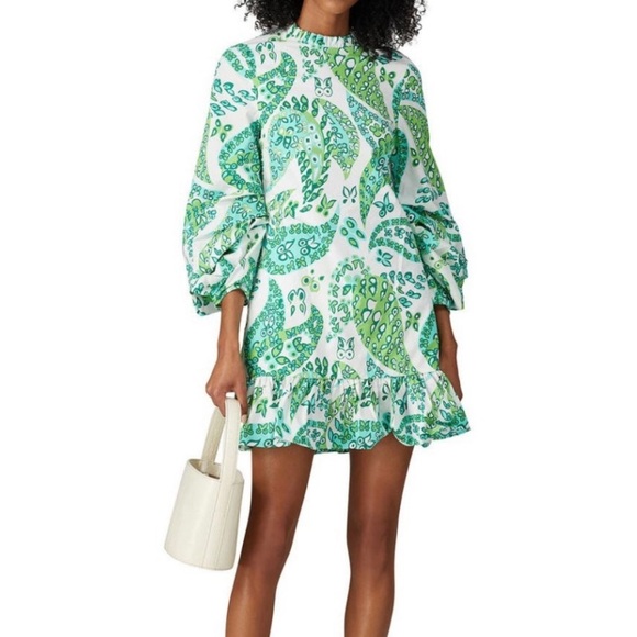 STAUD Dresses & Skirts - Gently loved STAUD Carolina Butterfly Paisley Green & White Cotton Mini Dress